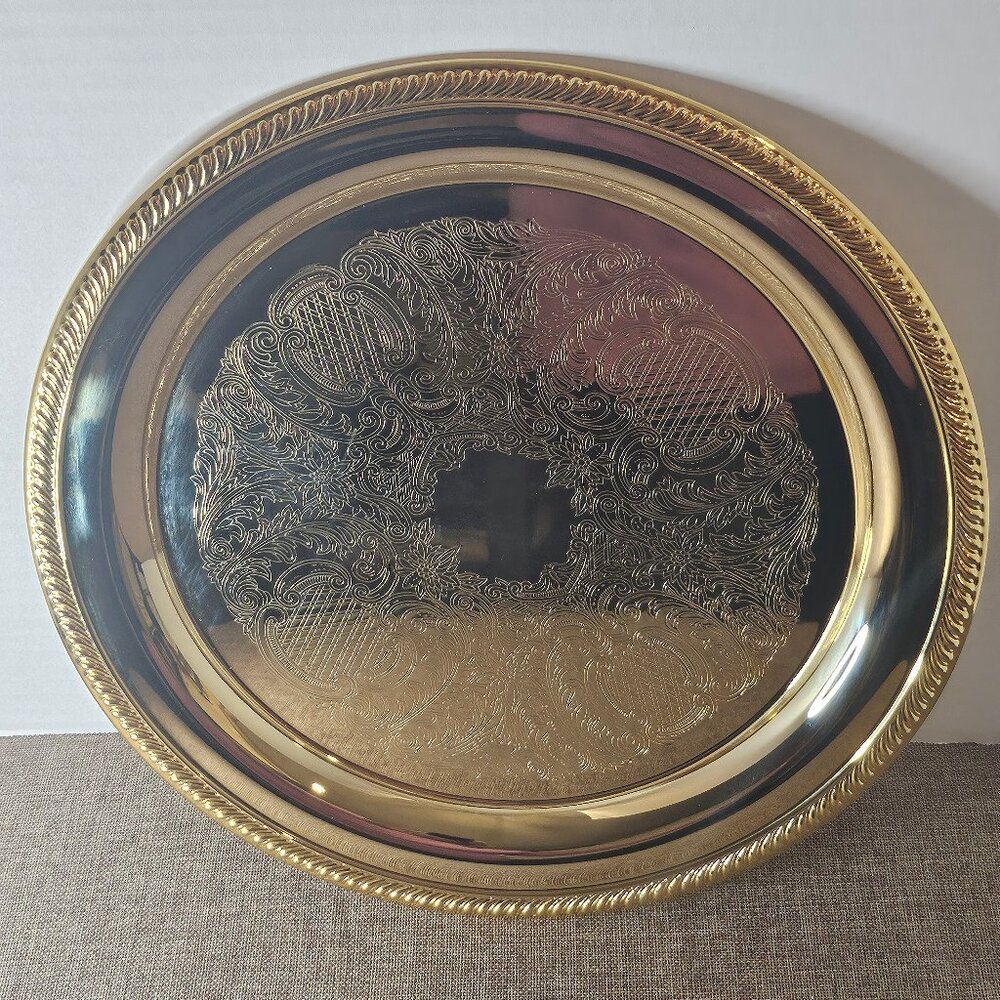 Vintage Beautiful Gold Plated Etched Round Large Serving Platter by Leonard Hong